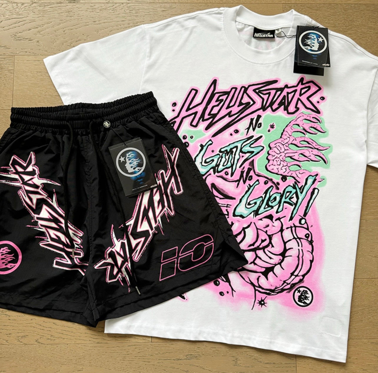 Hellstar N Guts N Glory Pink Shorts And T Sirt Set