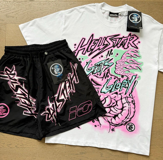 Hellstar N Guts N Glory Pink Shorts And T Sirt Set